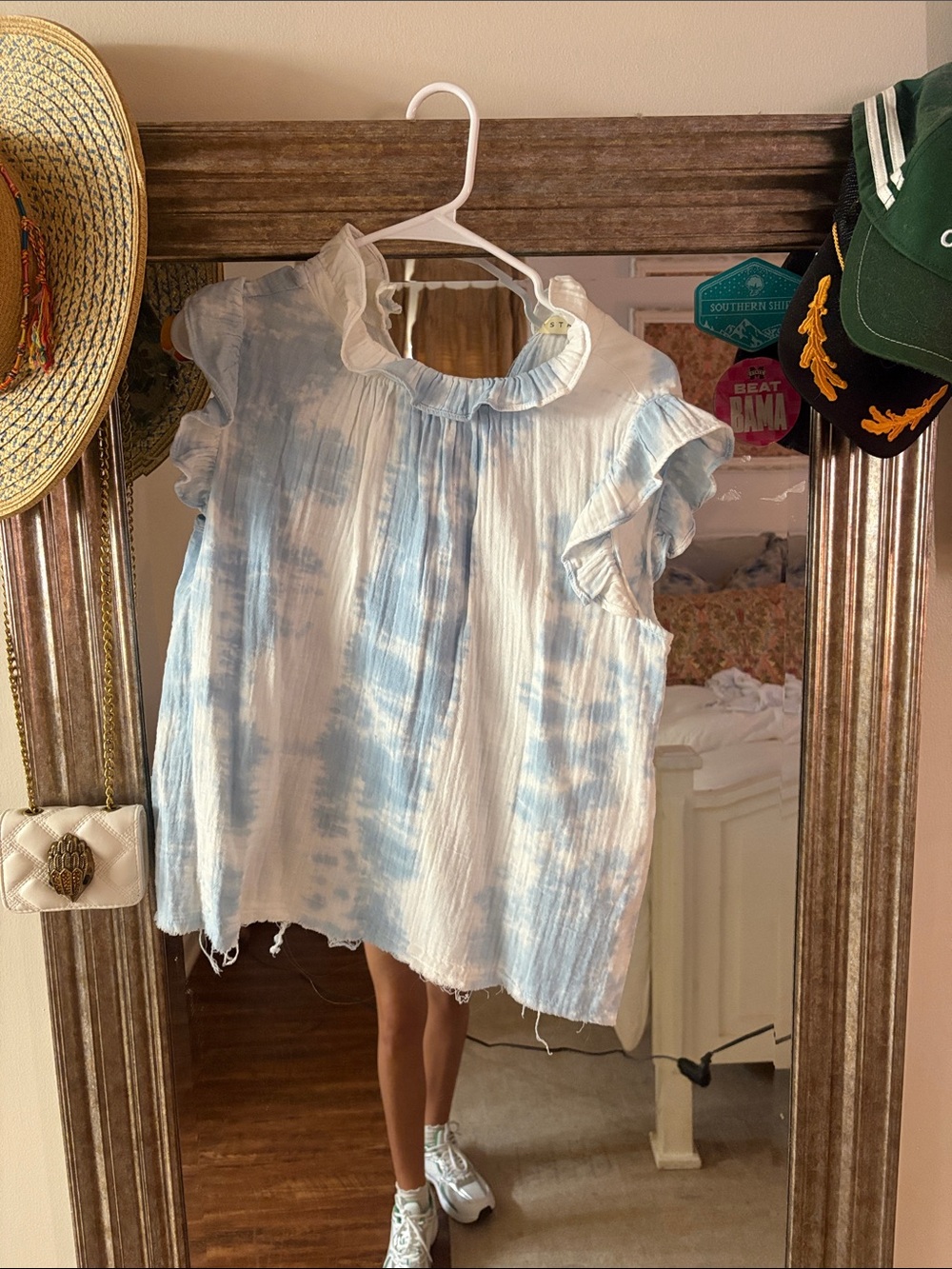 Light Blue Tie-Dye Ruffle Sleeve Top